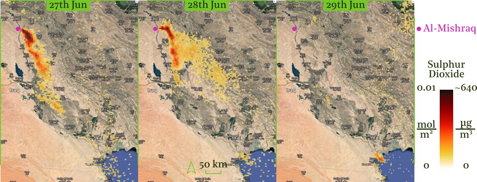 blog_fig2 Figure 1. Sulphur dioxide plume from a fire at the Mishraq Sulphur State Company, as measured by the TROPOMI sensor. The vertical column density is report in mol m 2 and converted to µg m -3 by assuming the plume reached no higher than 1 km (consistent with photographic evidence)