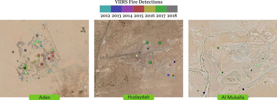 blog_fig3 Figure 2. Informal dump sites in Yemen, near the cities of Aden, Hodeidah and Mukalla, identified using data from the VIIRS satellite sensor that show the location, time (marker colour) and intensity (marker size). Underlying imagery is from Google Earth Pro.