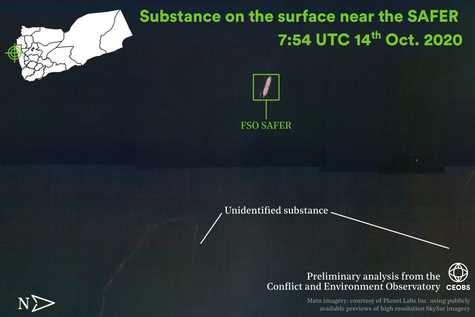 Figure 1. Unidentified substance in the water near the SAFER in recent days (14th – 19th Oct 2020). Imagery courtesy of Planet Labs Inc, using publicly available previews of high resolution SkySat imagery.