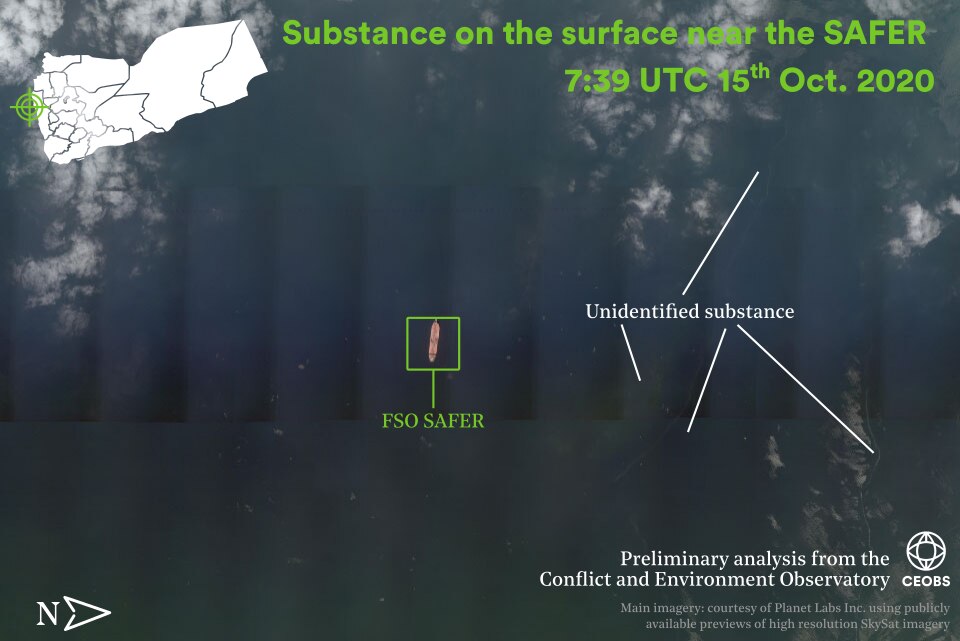 Figure 1. Unidentified substance in the water near the SAFER in recent days (14th – 19th Oct 2020). Imagery courtesy of Planet Labs Inc, using publicly available previews of high resolution SkySat imagery.