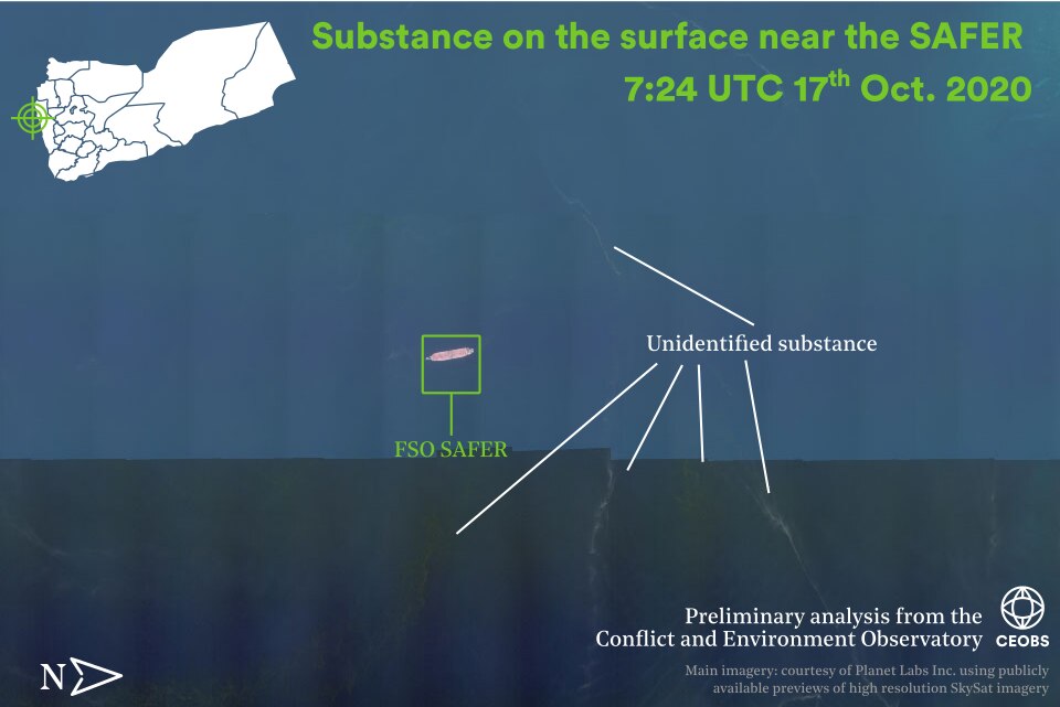 Figure 1. Unidentified substance in the water near the SAFER in recent days (14th – 19th Oct 2020). Imagery courtesy of Planet Labs Inc, using publicly available previews of high resolution SkySat imagery.