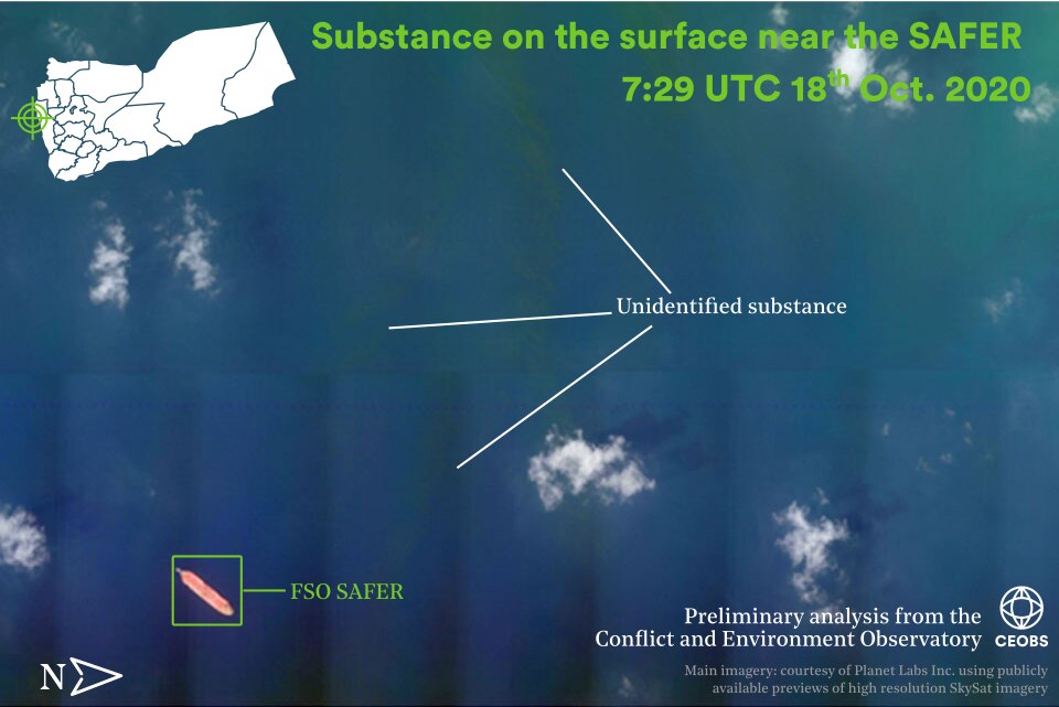 Figure 1. Unidentified substance in the water near the SAFER in recent days (14th – 19th Oct 2020). Imagery courtesy of Planet Labs Inc, using publicly available previews of high resolution SkySat imagery.