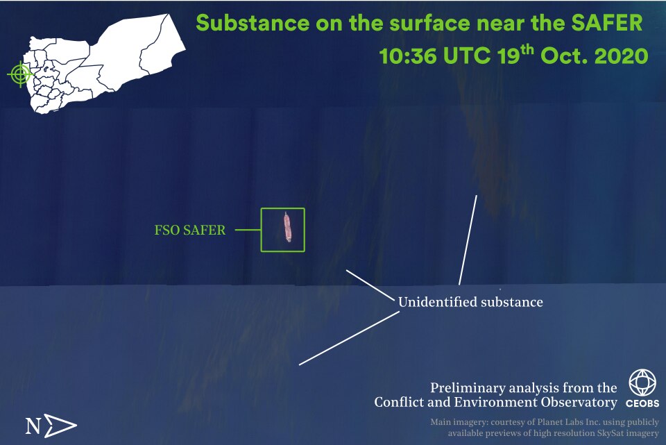 Figure 1. Unidentified substance in the water near the SAFER in recent days (14th – 19th Oct 2020). Imagery courtesy of Planet Labs Inc, using publicly available previews of high resolution SkySat imagery.