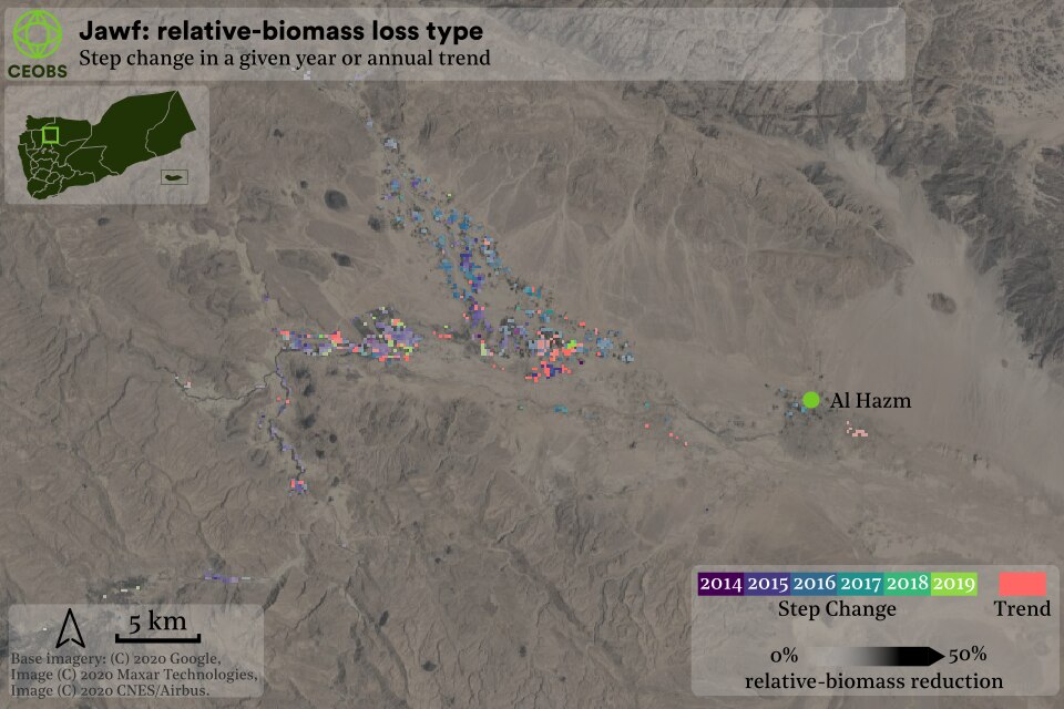 map of negative relative-biomass conflict change size(%) & type (trend or step-change [& year thereof]). Jawf Yemen