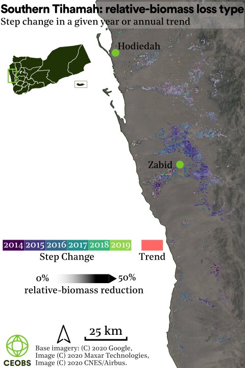 map of negative relative-biomass conflict change size(%) & type (trend or step-change [& year thereof]). S. Tihamah Yemen