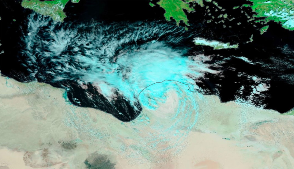 storm_daniel_viirs_noaa20 Storm Daniel along the Libyan coast, 10 September 2023. Imagery: NOAA-20/VIIRS Corrected Reflectance (Bands M11-I2-I1) via NASA Worldview.