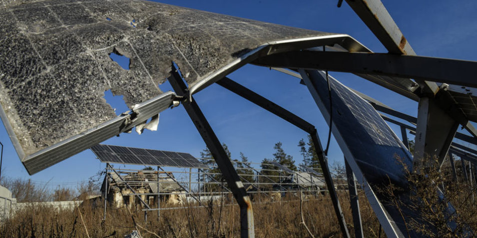 11258381_960 A war damaged solar panel in the town of Yampil, in Ukraine's Donetsk oblast.