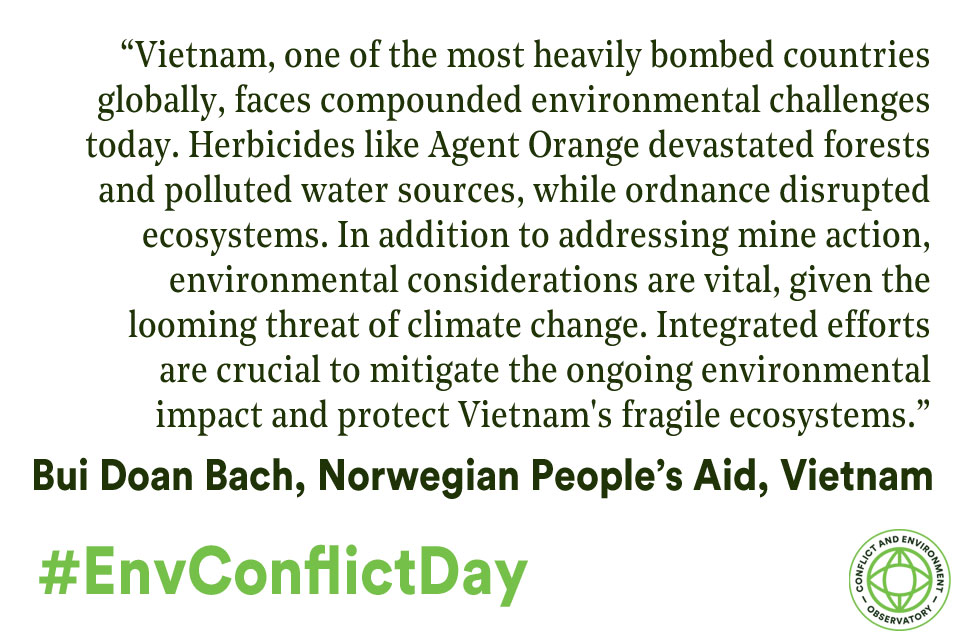 Vietnam, one of the most heavily bombed countries globally, faces compounded environmental challenges today. Herbicides like Agent Orange devastated forests and polluted water sources, while ordnance disrupted ecosystems. In addition to addressing mine action, environmental considerations are vital, given the looming threat of climate change. Integrated efforts are crucial to mitigate the ongoing environmental impact and protect Vietnam's fragile ecosystems.