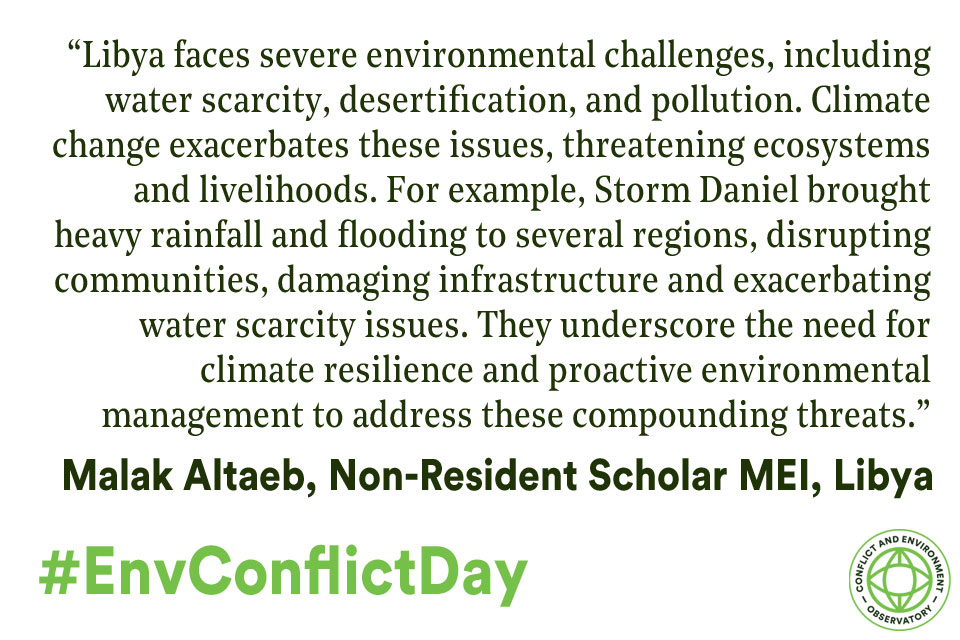 Libya faces severe environmental challenges, including water scarcity, desertification, and pollution. Climate change exacerbates these issues, threatening ecosystems and livelihoods. For example, Storm Daniel brought heavy rainfall and flooding to several regions, disrupting communities, damaging infrastructure and exacerbating water scarcity issues. They underscore the need for climate resilience and proactive environmental management to address these compounding threats.