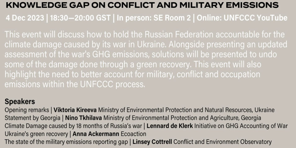 COP28_flyer_final_web_960 Flyer for the COP28 side event: Climate damage of Russia’s war in Ukraine and the knowledge gap on conflict and military emissions.