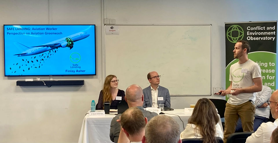 Panel 4 of the 2023 Military emissions gap conference, featuring Sarah Ashbridge, Duncan Depledge, Finlay Asher and Ben Bekkering.
