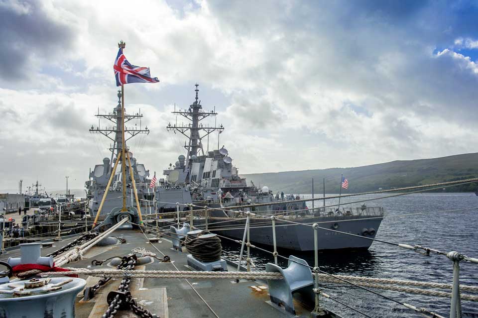 UK and UK naval vessels anchored at HM Naval Base Clyde, Scotland.