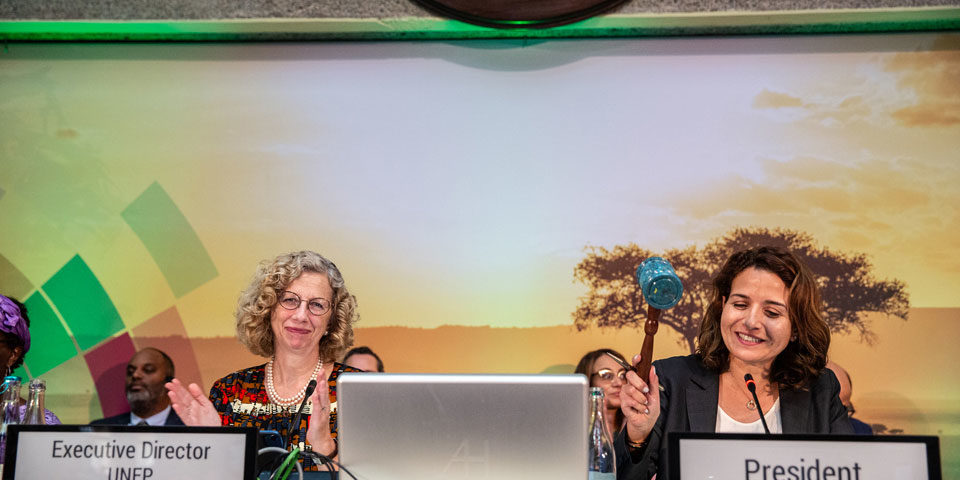 closing_plenary_960 UNEP Executive Director Inger Andersen claps as Leila Baneli President of UNEA-6 gavels a resolution during the final plenary.