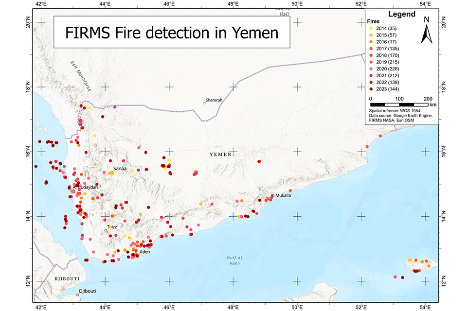 A map of Yemen showing the distribution and number of fires, the concentration of dots correlates roughly with coastal areas with higher populations.