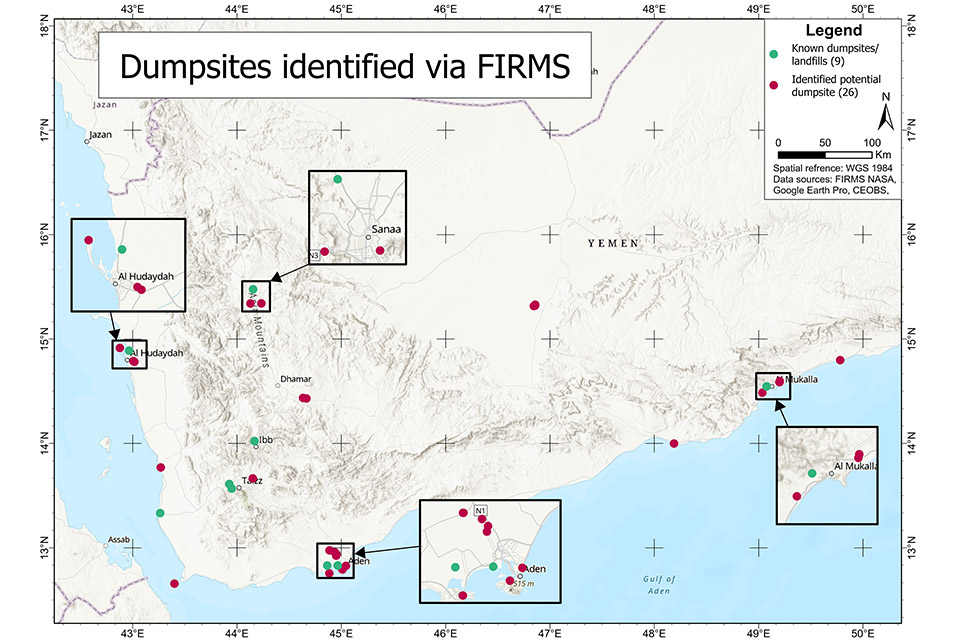 The map of Yemen shows that the identified dumpsites are clustered around populated areas, in particular Aden.