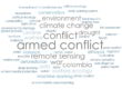 Word cloud based on the papers collated by CEOBS for its 2024 research bibliography, after armed conflict, the largest words are: conflict, remote sensing, war, colombia, climate change, environment and drought.