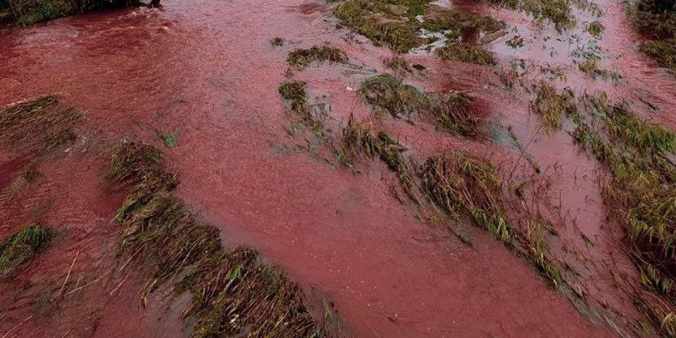 red_river_960 Photo looking down on a swollen and braided river channel, the water in teh channels is bright red, in contrast to the green grass they have partly inundated.