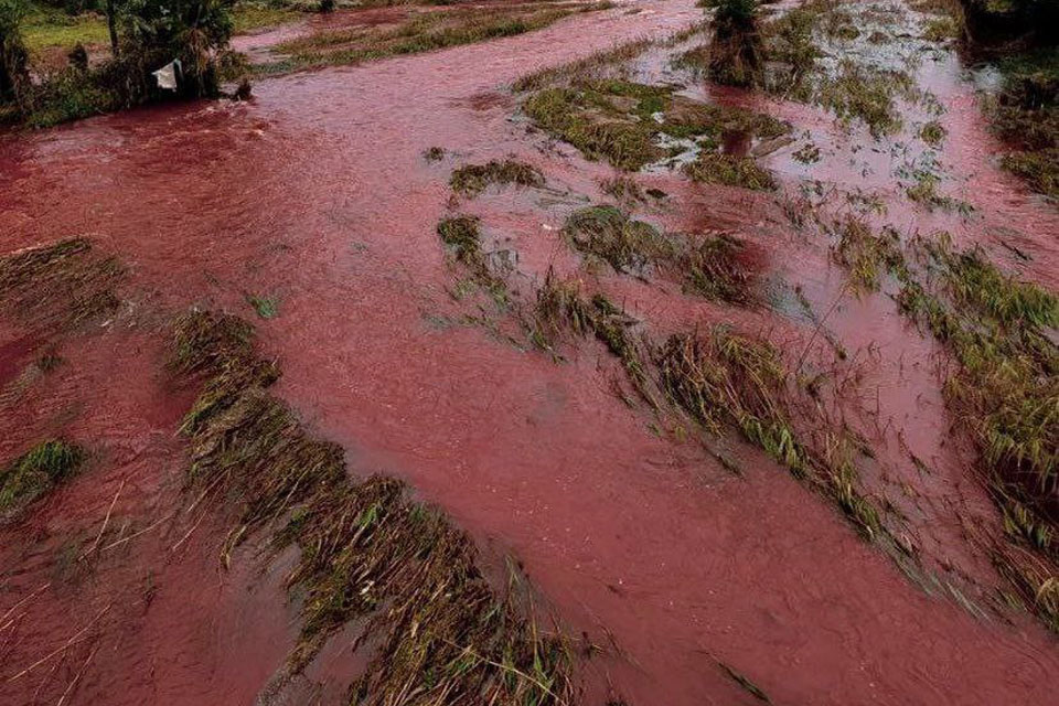 Photo looking down on a swollen and braided river channel, the water in teh channels is bright red, in contrast to the green grass they have partly inundated.