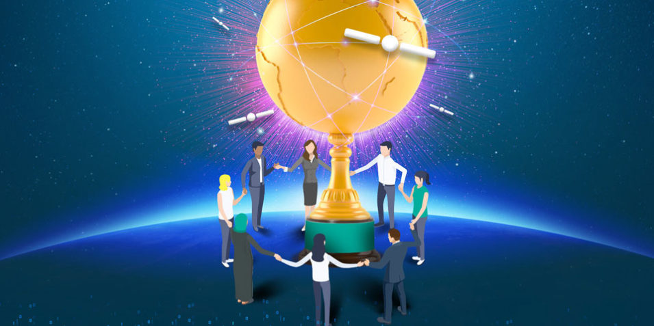 ESA-award A cartoon image, 8 people hold hands around a golden globe award that is being orbited by satellites.