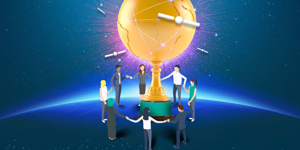 ESA-award A cartoon image, 8 people hold hands around a golden globe award that is being orbited by satellites.