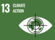 The SDG 13 logo of a white eye on a green background, the pupil is the earth with the continents outlined, on top of this a black crosshairs has been placed.