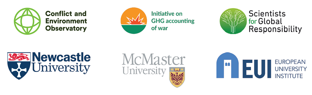 Logos of CEOBS, Scientists for Global Responsibility, Initiative on the GHG Accounting of War, McMaster University, Newcastle University, European University Institute.