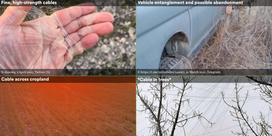 CEOBS_cable_waste_examples_960 A composite of four images showing fibre optic cable waste on the battlefield. 1. Close up of the cable wrapped round someone's hand, it is about the same thickness and translucency as nylon fishing line. 2. A close up of the wheels of a grey 4x4 vehicle in long grass, a large quantity of cable is wrapped around its wheels and axles. 3. A new arable crop of young wheat plants taken when the sun is low, you can see the cable picked out by the light lying across the top of the crop. 4. The tops of small leafless trees against a grey sky, large quantities of cable are hanging from the branches - a note observes that this appears to be of greater thickness.