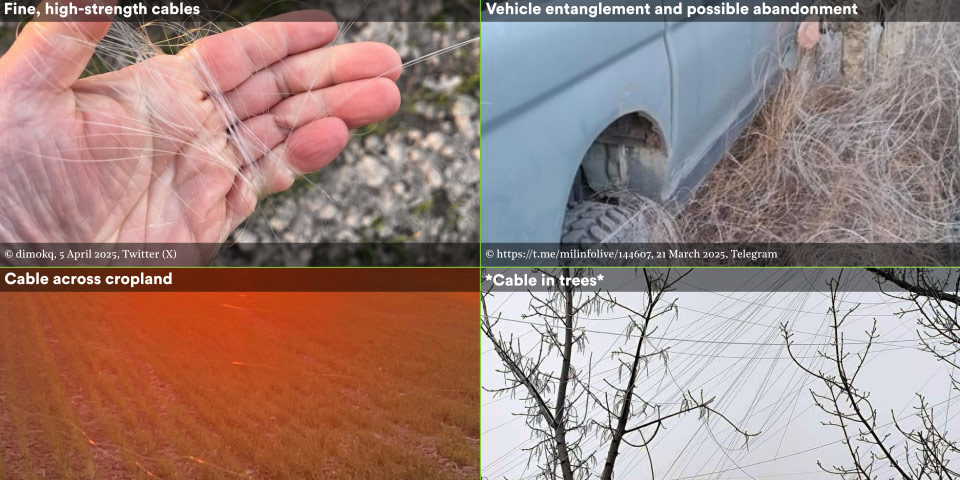 CEOBS_cable_waste_examples_960 A composite of four images showing fibre optic cable waste on the battlefield. 1. Close up of the cable wrapped round someone's hand, it is about the same thickness and translucency as nylon fishing line. 2. A close up of the wheels of a grey 4x4 vehicle in long grass, a large quantity of cable is wrapped around its wheels and axles. 3. A new arable crop of young wheat plants taken when the sun is low, you can see the cable picked out by the light lying across the top of the crop. 4. The tops of small leafless trees against a grey sky, large quantities of cable are hanging from the branches - a note observes that this appears to be of greater thickness.