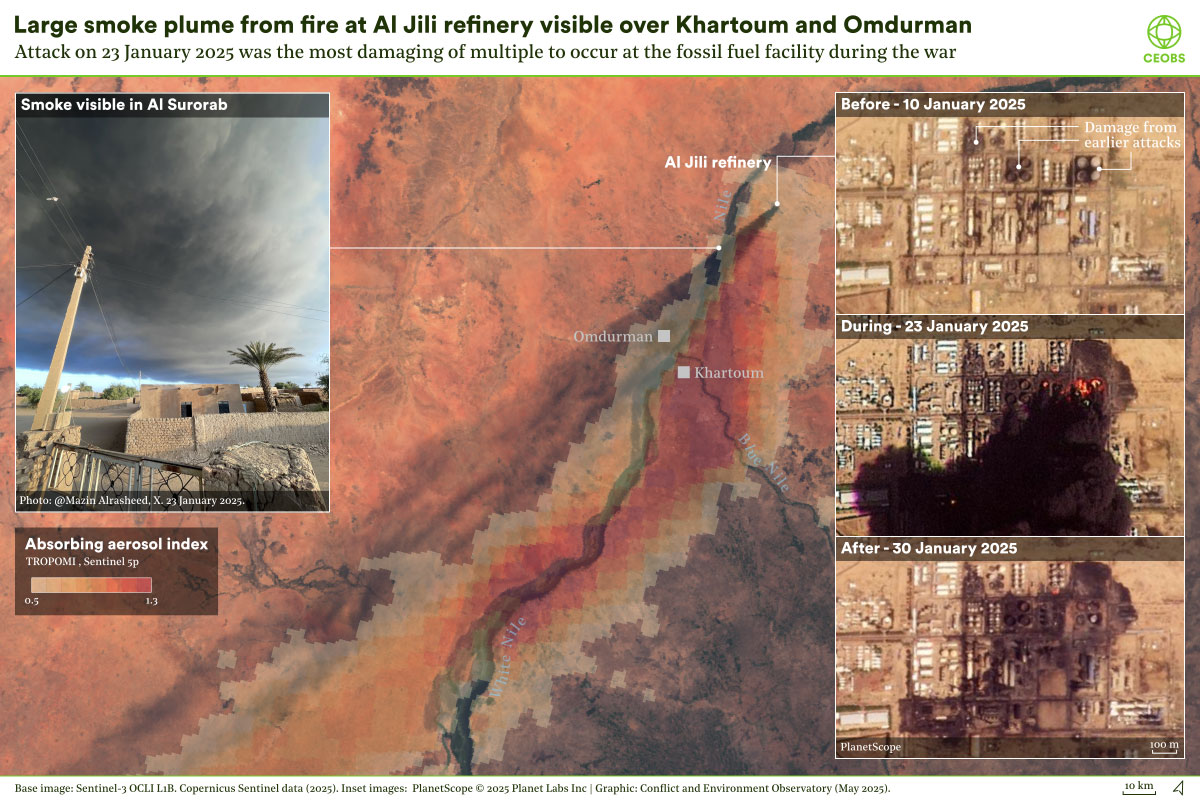 Composite visualisation of the 23 January fire at the Al Jili oil refinery. Satellite imagery in the background shows a long black smoke plume extending south west from the refinery, it is overlain by Tropomi satellite data providing aerosol thickness. One inset image is a photo of the dark black plume from the ground, three others show the refinery before, during and after the major fire.