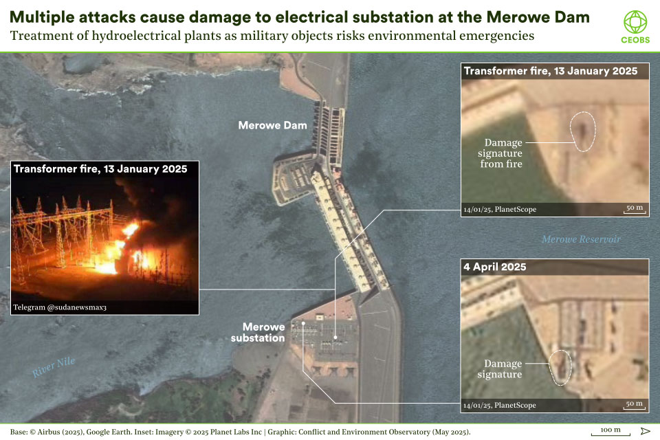 Satellite image of the Merowe dam on the Nile shows a blue expanse of water upstream and dam itself across the river. Two inset satellite images shows the transformer area, darker areas are highlighted, likely the locations of fires. One inset is a night-time photo of a large fire in the transformer yard.