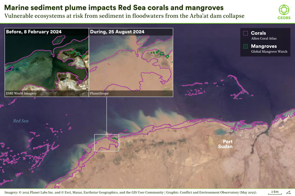 Composite visualisation of flood borne sediments in coastal waters. the base image shows the coast line north of Port Sudan in light browns, brown smears extend from the shoreline into the blue waters of the Red Sea. The area covered is around 100km. Two before and after insets show the brown sediment laden floodwaters covering areas of reef and lagoons.