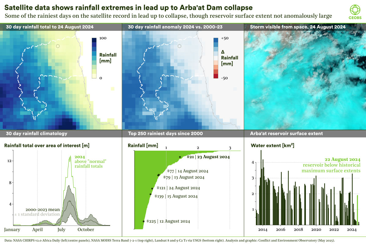 Composite visualisation of rainfall data, a mixture of charts, graphs and satellite imagery of the storm.
