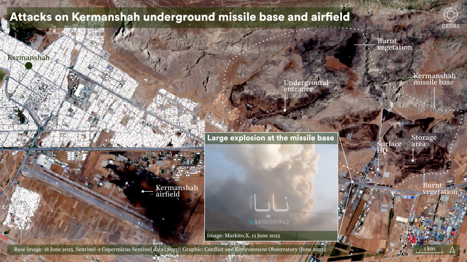 Satellite image of the area around Kermanshah underground missile complex showing the proximity of populated areas to the west, an airfield to the south west with a smoke plume following a strike, and labelling visible damage and burning around the facility. An inset shows a photo of the large fire after the site was targeted.