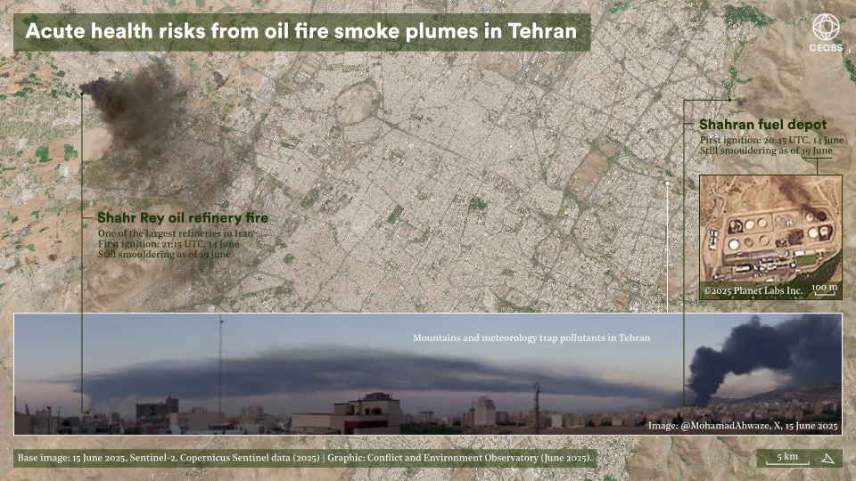 Figure featuring satellite view of Tehran's urban area, in the top left a smoke plume can be seen from the burning Shahr Rey oil refinery, to the top right, a smaller plume from the Shahran fuel depot. An inset image shows the damage to the depot, including burn marks and spills around the storage tanks. At the bottom of the figure a panoramic image stretches across its width featuring photos capturing both plumes above the city from the ground.