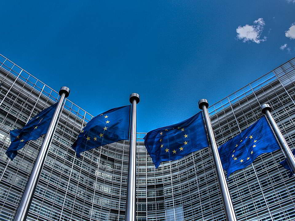 European Union flags in front of the Berlaymont Building, Brussels