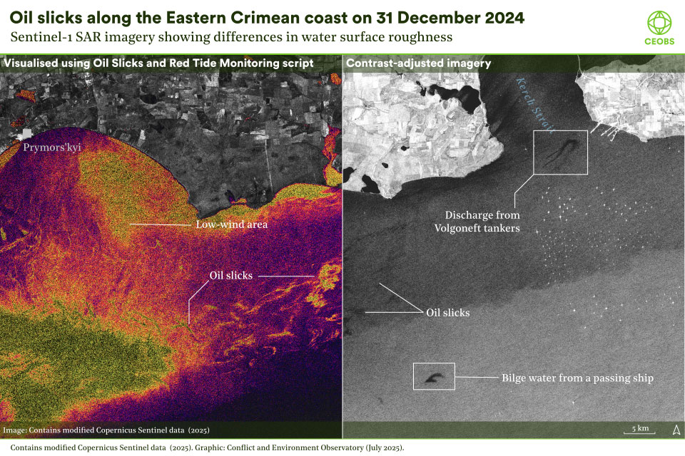 Visualisation showing how SAR imagery picks out oil slicks split vertically into two images. Image to left, in the top third the coastline and agricultural fields of a part of southern Crimea is in black and white. The sea has been colourised into yellows, purples and greens to help highlight the oil slicks that create smoother surfaces, slicks are highlighted in yellow to the bottom right. Image to right, full black and white of the area where the southern Kerch Strait meets the Black Sea, oil slicks are visible as black streaks at the mouth of the Strait and in the Black Sea, the imagery has also picked up oily bilge water from a ship.