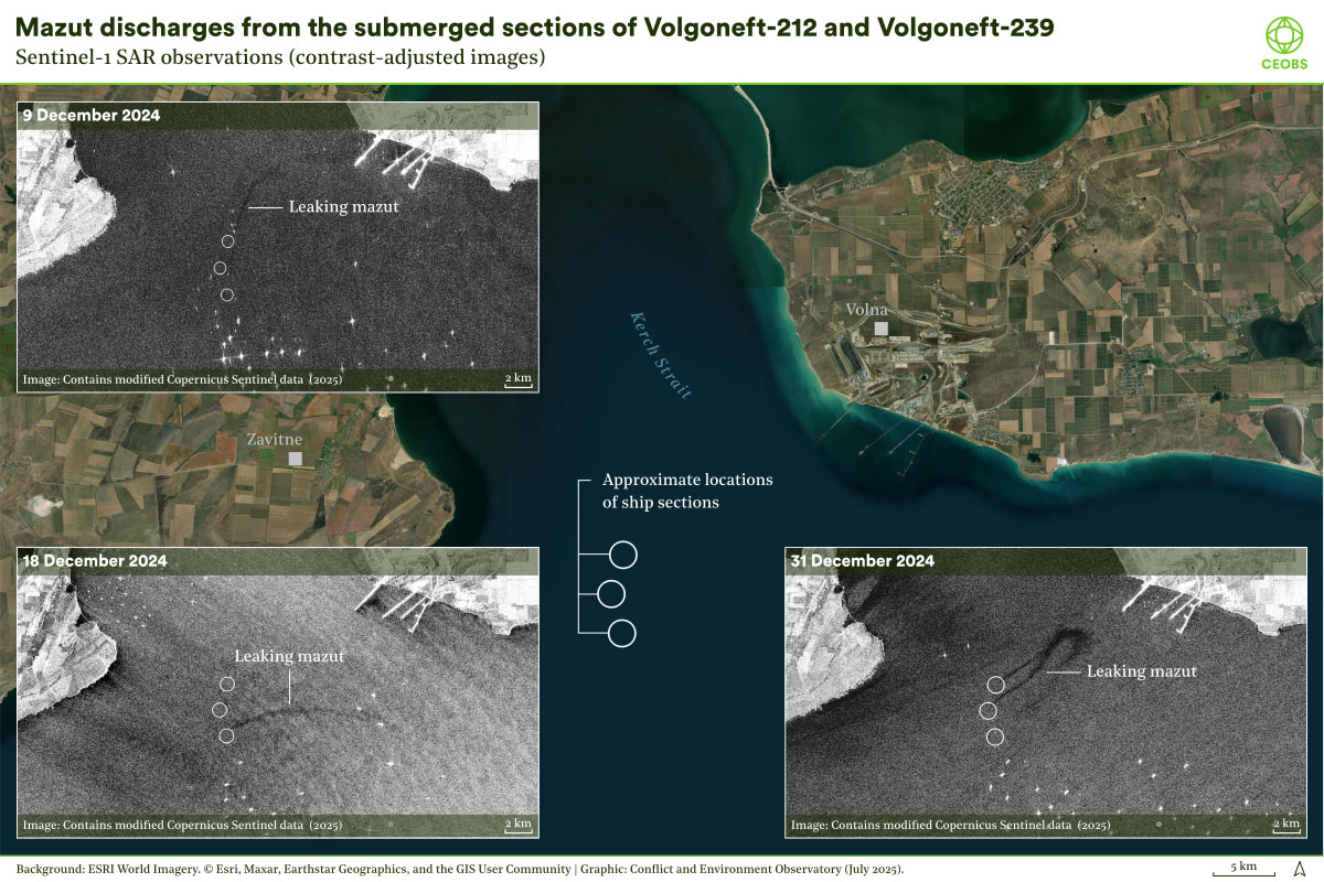 Visualisation showing how SAR imagery picks out oil slicks a colour base map using optical imagery of the southern Kerch Strait shows the locations three sections of the sunken ships. Three inset images use black and white SAR imagery to pick out slicks, which appear as black streaks, the images are dated 9, 18 and 31 December 2024.