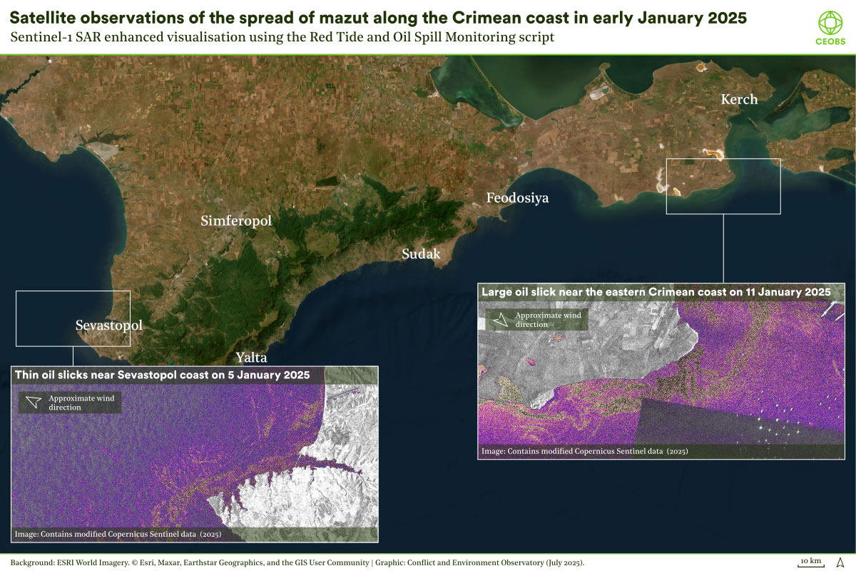 Visualisation showing how SAR imagery picks out oil slicks a colour base map using optical imagery of the southern Crimean Coast and Kerch Strait, two inset colourised with purple and orange reveal slicks off the coast of Sevastopol the west (left of the image, dated 5 January 2025) and off the southeastern cape of Crimea at the entrance to the Kerch Straits (right of the image, dated 11 January 2025).