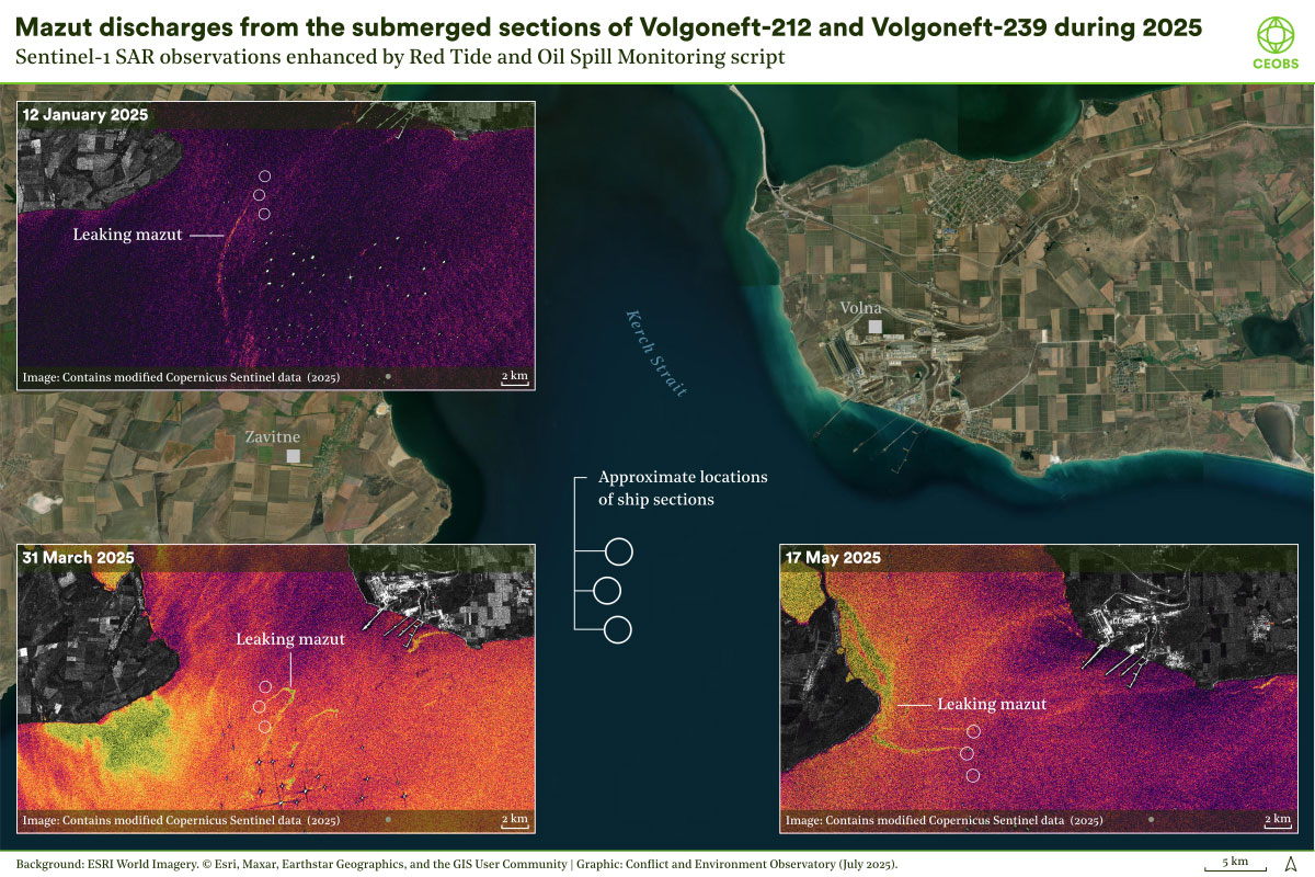Visualisation showing how SAR imagery picks out oil slicks, a colour base map using optical imagery of the southern Kerch Strait and Crimean and Russian coasts, three inset colourised with purple and orange reveal slicks around the locations of the sunken vessels in the centre of the southern entrance to the Strait, and affecting the eastern coast of Crimea. The images are dated 12 January, 31 March and 17 May 2025.