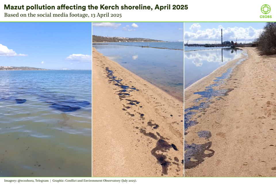 Visualisation, triptych showing photos from social media of oil along the Kerch shore, left hand image shows globules of oil floating in the sea under a blue sky, the middle and right images are photos looking up and down the same beach, the water is clear, sand golden, sky blue but stains of black oil can be seen all along the strand line.