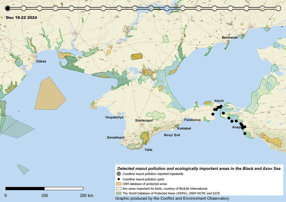 Animated gif showing the location of spills over time as recorded by social media monitoring. The map area is the northern Black Sea from Odesa in the west to Russia in the east. In the first month spills are reported along eastern Crimea, then to central and western Crimea in the following weeks. By March it has been detected in Odesa.