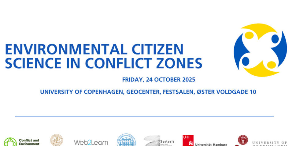 CPH_conference_960 Conference title: Environmental Citizen Science in Conflict Zones; the GROMADA project logo; and GROMADA project partner logos