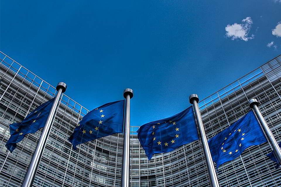 European Union flags outside a building
