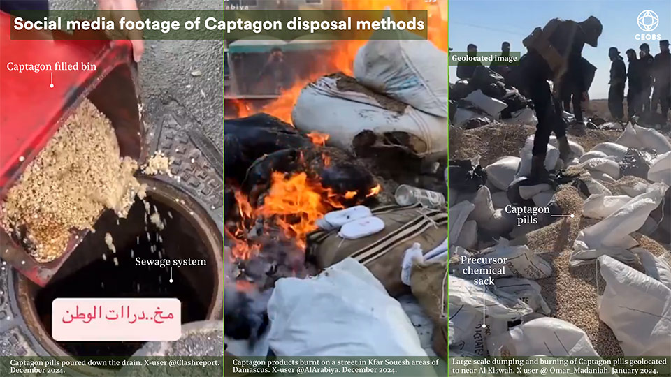 A triptych with three photos from social media. Left: a red bucket of damp pills is poured down a municipal drain; centre: sacks of pills and related products can be seen piled and burning; right: security personnel walk on top of a huge pile of pills and white sacks of precursor chemicals.