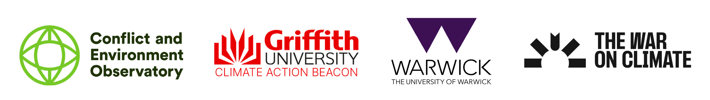 Logos for CEOBS, Griffith University, Warwick university and The War on Climate