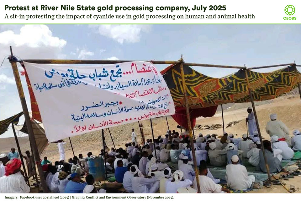 Around 50 men sit under a wooden frame, rigged for shade with material, they are listening to a speaker, a banner in Arabic sets out their demands.