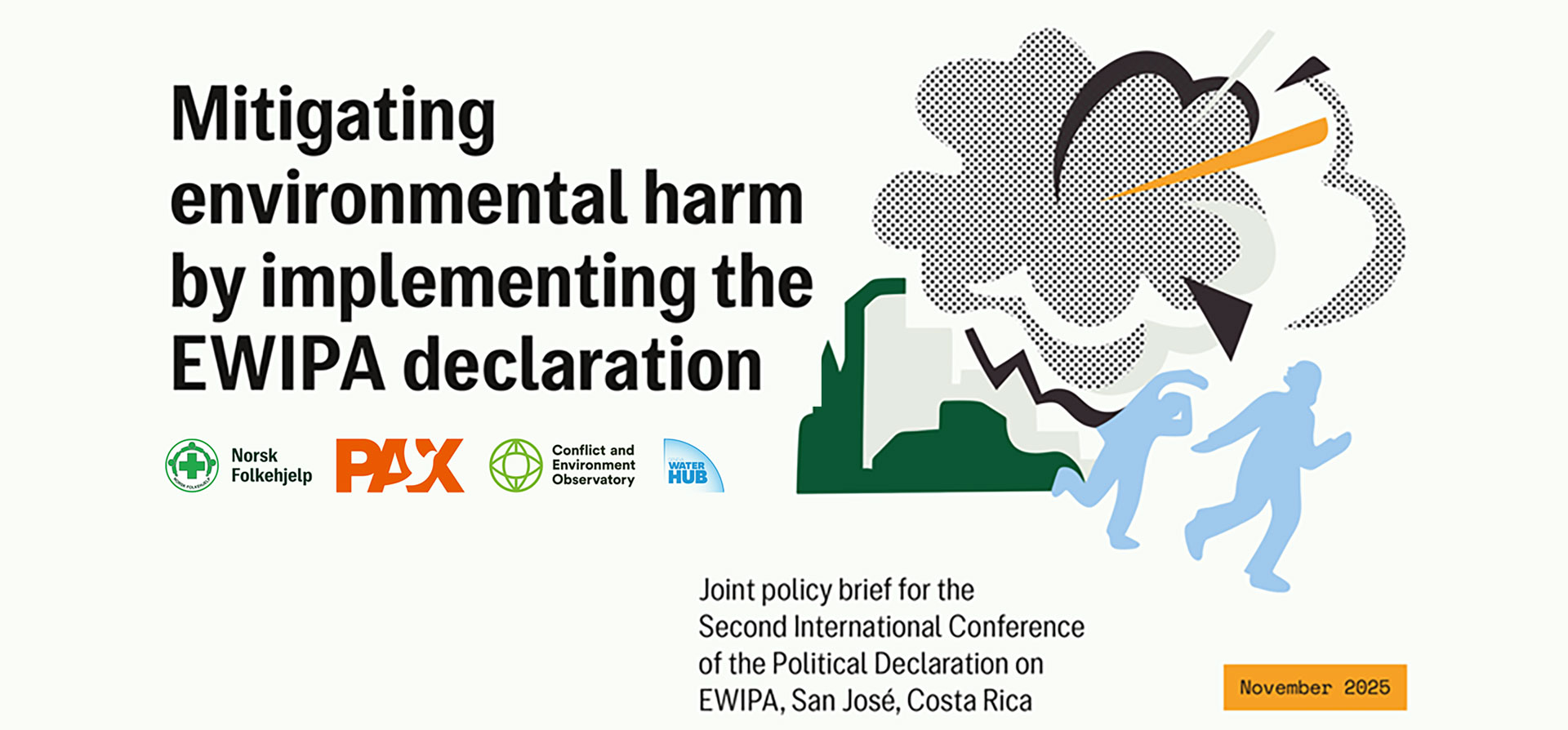A graphic from the briefing cover, with the title: Mitigating environmental harm by implementing the EWIPA declaration, and a stylised graphic showing two people fleeing from a blast in front of a cityscape.