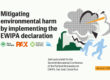 A graphic from the briefing cover, with the title: Mitigating environmental harm by implementing the EWIPA declaration, and a stylised graphic showing two people fleeing from a blast in front of a cityscape.