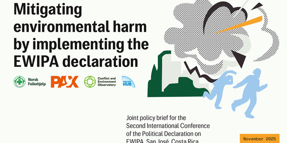 EWIPA_env_harm_image_web_960 A graphic from the briefing cover, with the title: Mitigating environmental harm by implementing the EWIPA declaration, and a stylised graphic showing two people fleeing from a blast in front of a cityscape.