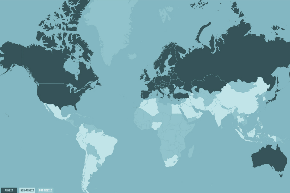 A map of the world showing UNFCCC Annex I and Non-Annex I countries, Annex I countries are predominantly in the northern hemisphere.
